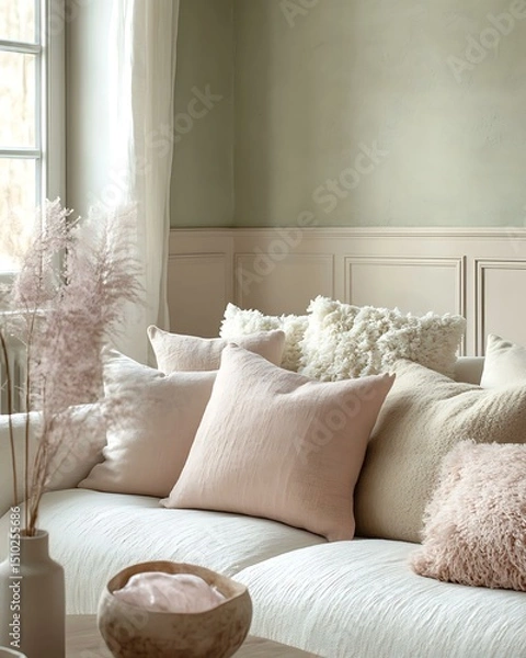 Obraz Pistachio whisper wall styled with tone-on-tone pastel pillows and structured soft textures Light Retro Japandi Blend Pistachio Pastel Botanical Interiors