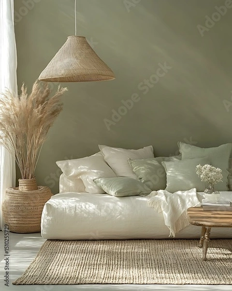 Obraz Pistachio whisper wall styled with tone-on-tone pastel pillows and structured soft textures Light Retro Japandi Blend Pistachio Pastel Botanical Interiors