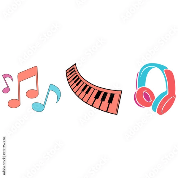 Fototapeta Musical Icons – Notes, Keyboard, and Headphones Vector Illustration