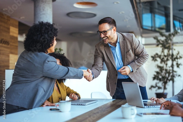 Fototapeta Business Professionals Shaking Hands During a Team Meeting in a Modern Office