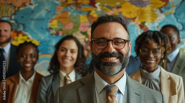 Fototapeta Diverse group of executives smiling confidently at the camera, inclusive of various faiths, styles, and gender expressions, vibrant global map in the background.