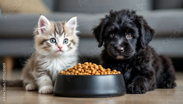 Fototapeta A white-gray long-haired kitten and a black curly-fur puppy sit beside a black bowl of kibble in a softly lit living room.

