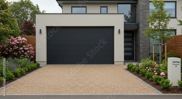 Obraz Modern Home Garage and Driveway - Stylish modern home with a dark gray garage door and a light beige resin driveway, landscaped garden