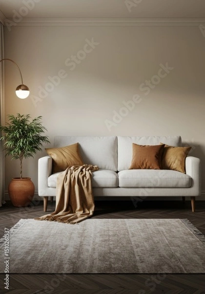 Obraz Modern Living Room Interior Design - A cozy living room features a white sofa with mustard-colored throw pillows and blanket, a beige rug, and a potted plant, creating a relaxing atmosphere