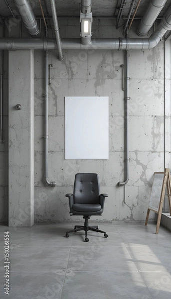 Fototapeta Industrial office with pipes and concrete, featuring a central A4 mockup above the chair.