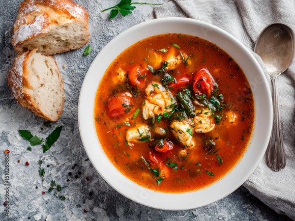 Fototapeta A bowl of Mediterranean fish soup with chunks of white fish, tomatoes, and herbs, placed on the left side of a light stone-gray background, top-down view with rustic bread on the side