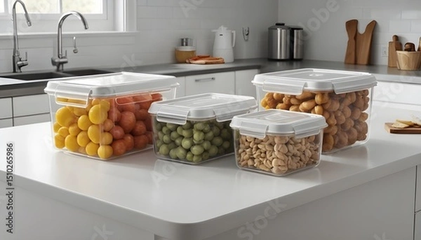 Fototapeta Plastic Storage Containers on Kitchen Counter Containing Fresh Produce and Snacks