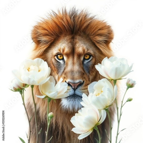 Fototapeta Lion portrait with peonies, symbolizing strength and calmness with copy space for text