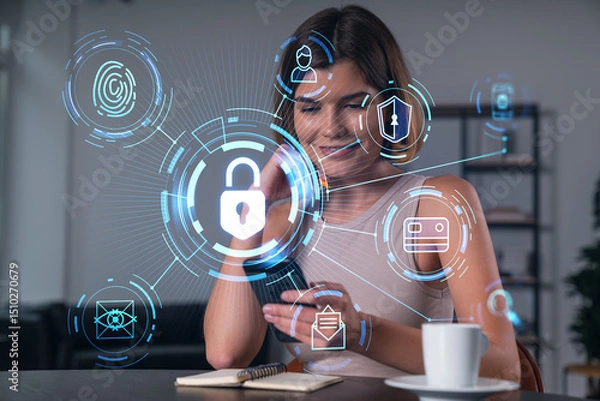 Fototapeta Smiling businesswoman in casual wear holding using smartphone typing at office workplace with notebook. Concept of distant work, business education. Lock icon drawings hologram