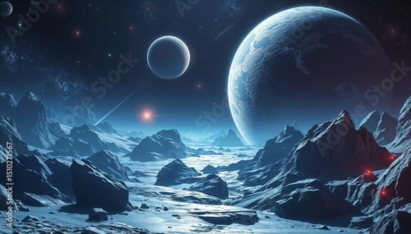 Fototapeta Cosmic landscape with planets and mountains, evoking flight with copy space for text