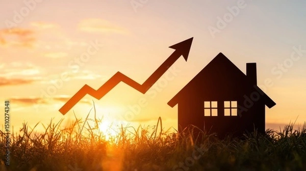 Fototapeta House Price Increase: Silhouette of a house with an upward arrow indicating rising house prices against a beautiful sunset background.