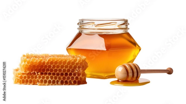 Fototapeta  Jar of Honey with Honeycomb on Transparent Background