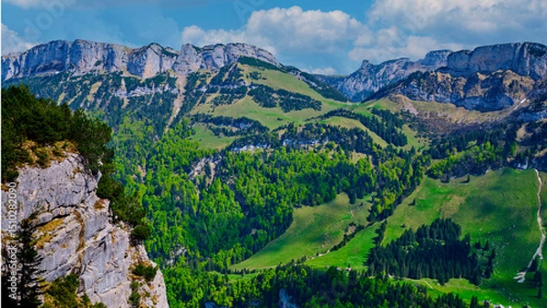 Fototapeta Scenic mountain landscape featuring lush green forests and towering cliffs under a bright blue sky