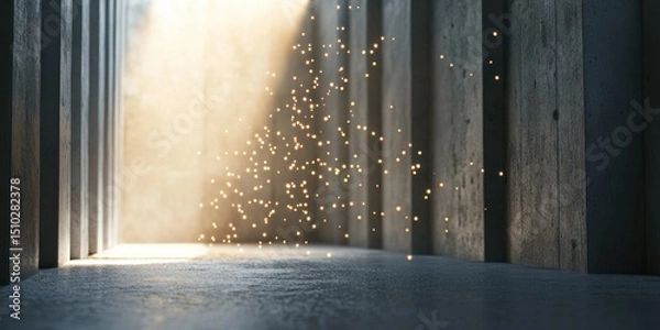 Fototapeta Beam of Light: A solitary ray of light illuminates a concrete corridor, the dust motes dancing in the ethereal glow, revealing a scene of stark beauty.