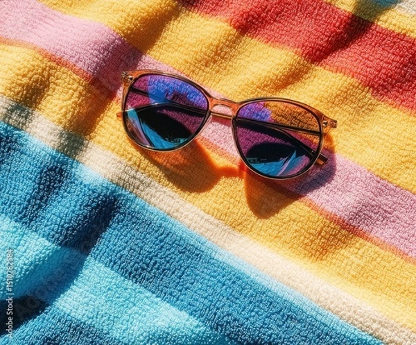 Fototapeta Sunny Shades on Beach Towel: A pair of stylish sunglasses resting on a vibrant, striped beach towel, bathed in bright sunlight. The scene evokes feelings of leisure, summer vacation, and relaxation.