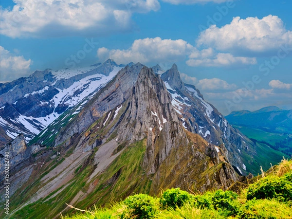 Fototapeta Majestic mountain range with snow-capped peaks and lush green meadows under a clear blue sky in summer