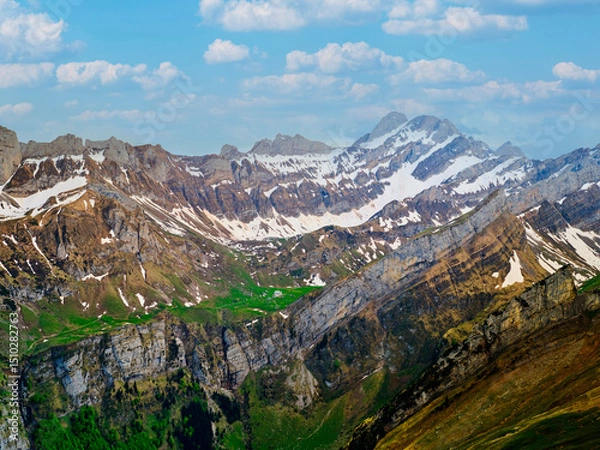 Fototapeta Breathtaking view of snow-capped mountains and lush valleys under a bright blue sky