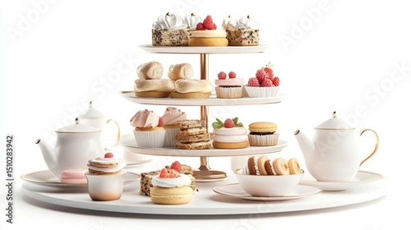 Fototapeta Three-tiered display of assorted pastries and desserts with tea set