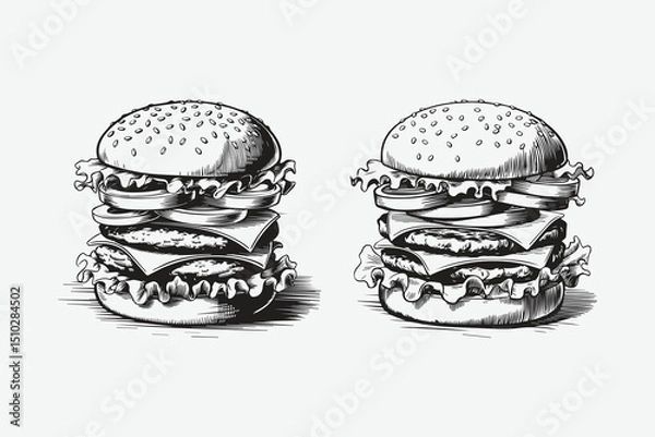 Fototapeta big burger, hamburger hand drawn vector illustration sketch retro style