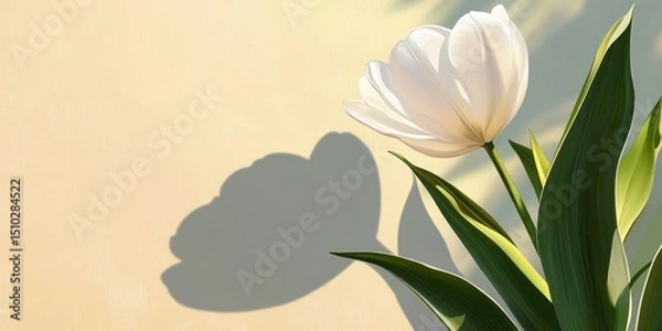 Fototapeta Elegant Tulip and Its Shadow: Delicate white tulip with its vibrant green leaves, casting a stunning shadow against a soft, textured backdrop, capturing a moment of natural beauty.