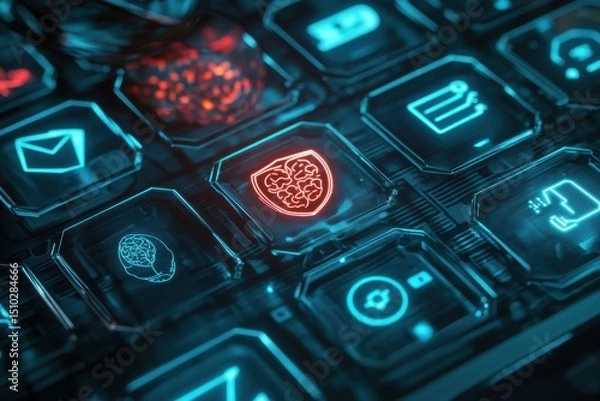 Fototapeta Cybersecurity Shield: A futuristic keyboard displays a glowing shield icon, symbolizing robust data protection and online security in a digital landscape.
