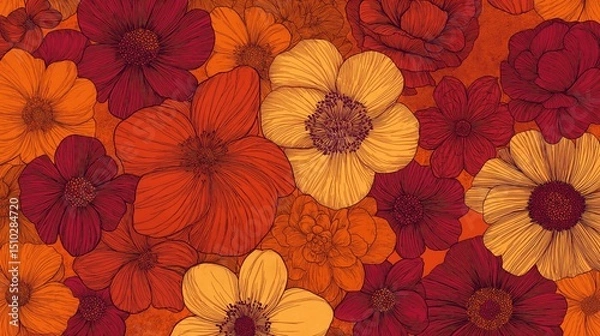 Fototapeta A bold, warm-toned floral pattern in deep orange, crimson, and muted mustard, with intricate hand-drawn flowers.
