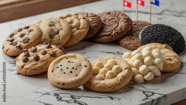 Fototapeta Assorted Delicious Cookies on Marble Surface with Decorative Flags