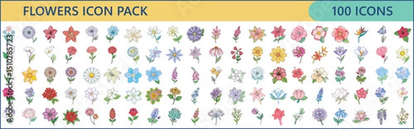 Obraz Beautiful and diverse collection of one hundred unique flower icons vector art