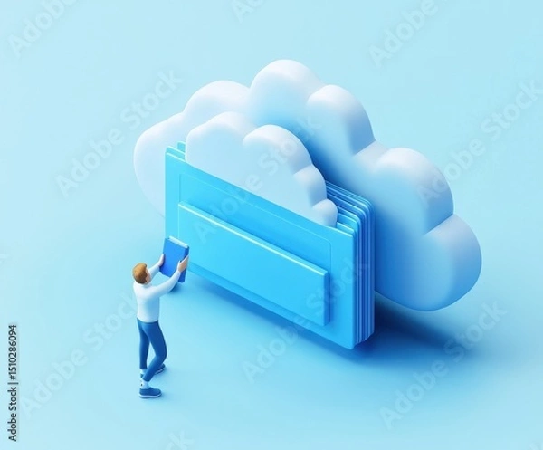 Fototapeta Cloud Data Management: Conceptual image depicting a person interacting with a digital cloud storage system, highlighting data accessibility and secure cloud computing.