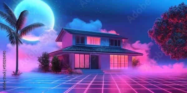 Fototapeta Synthwave House: A vibrant, neon-lit house bathed in the glow of a giant blue moon, creating a dreamy, futuristic atmosphere. Palm trees and other vegetation frame the scene.