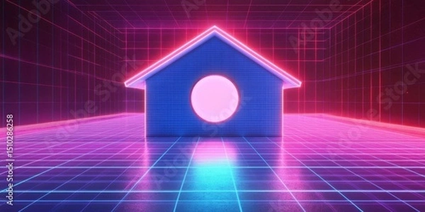 Fototapeta Neon Home: A futuristic digital home glowing with neon lights, perfectly framed against a matrix background, symbolizes technology and innovation in the future.