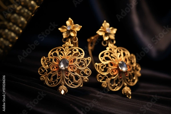 Obraz A close-up of intricate gold filigree earrings on velvet