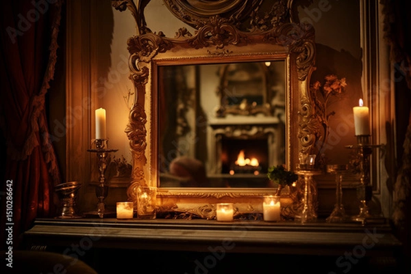 Obraz A gilded mirror frame reflecting candlelight in a lavish room