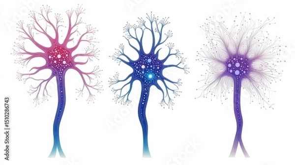 Fototapeta Brain cells' Symphony: Artistic rendering of three brain cells, symbolizing neural network connectivity and innovation of communication, and technological advancements.