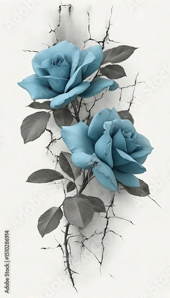 Obraz A Pair of Teal Roses with Gray Leaves and Thorns