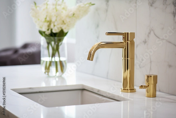 Obraz Gold-plated faucet in a modern minimalist bathroom