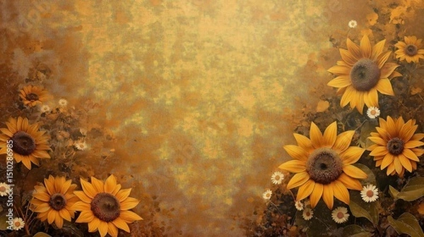 Fototapeta A rustic, floral field with sunflowers and daisies in muted tones of mustard yellow, burnt orange, and soft brown.
