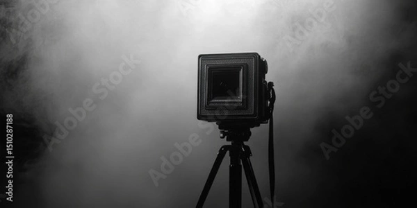 Fototapeta Vintage Camera in the Mist: A captivating monochromatic portrayal of a classic camera, poised on a tripod amidst an ethereal fog, capturing the essence of nostalgia and artistic pursuit.