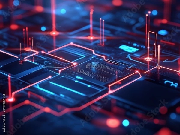 Fototapeta Digital Nexus: A close-up of a futuristic, glowing circuit board showcases the intricate pathways of digital information.