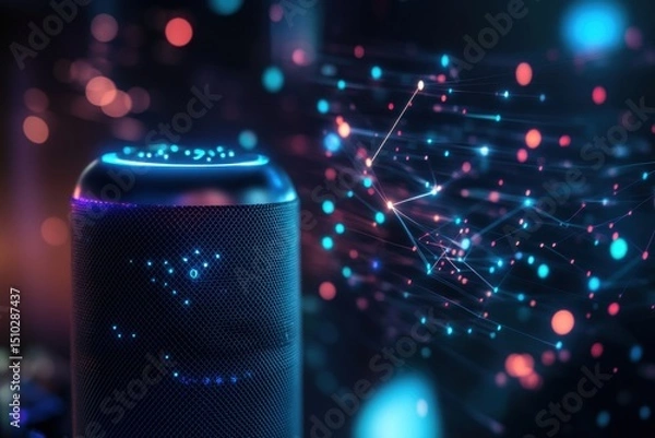 Fototapeta Intelligent Voice: Futuristic device, surrounded by a glowing network of connected points, representing modern tech integration, capturing innovation in an artful way.
