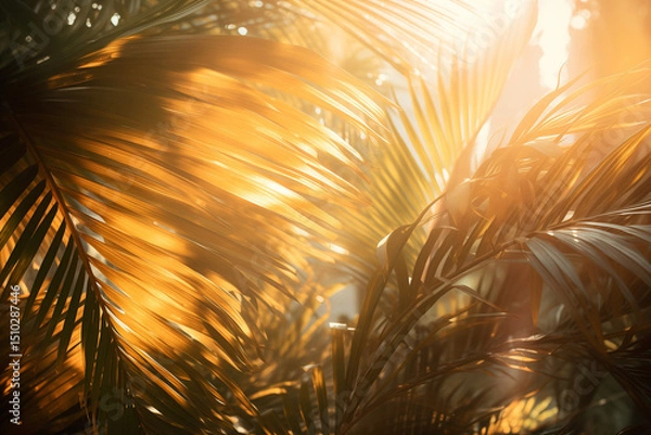 Obraz Golden hour sunlight streaming through palm fronds 