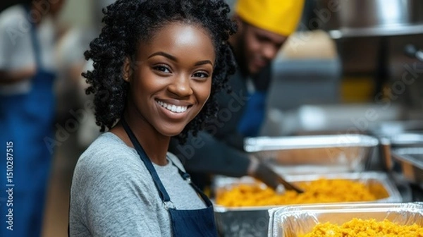 Fototapeta Smiling Chef in Commercial Kitchen: A close-up portrait captures a smiling chef, radiating warmth and competence as she preps in a bustling commercial kitchen.