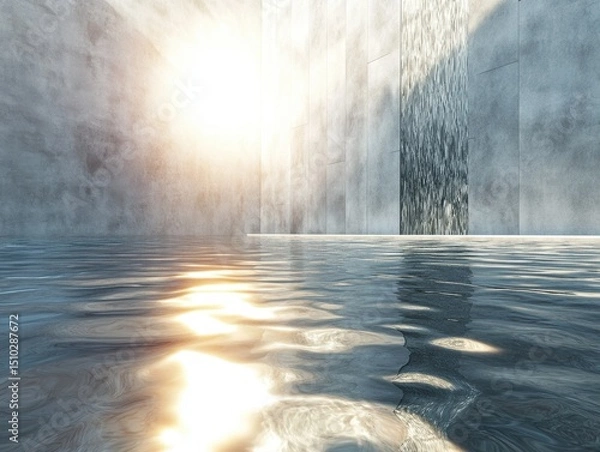 Fototapeta Serene Water Oasis: An abstract digital render of a tranquil water feature in a minimalist setting. The interplay of light and shadow creates a reflective, calm, and modern atmosphere. 