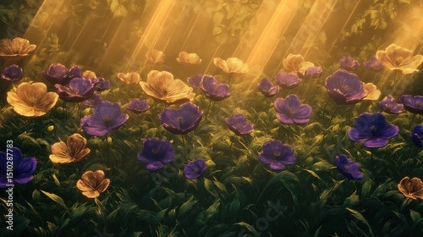 Fototapeta A stylized floral meadow with rich purple and gold flowers growing in lush green grass, illuminated by warm, golden rays of light. 