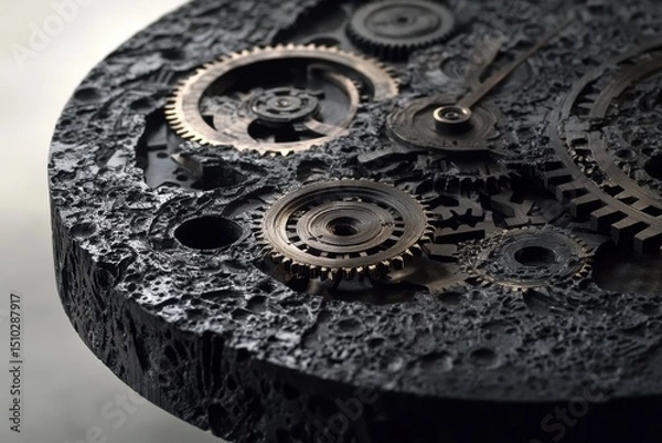 Fototapeta Lunar Mechanism: A captivating close-up of a meticulously crafted clock mechanism embedded in a textured lunar-like surface, embodying precision, time, and the essence of space exploration.