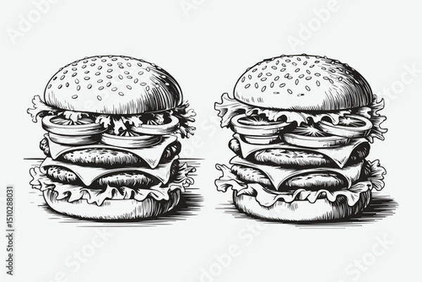 Fototapeta big burger, hamburger hand drawn vector illustration sketch retro style