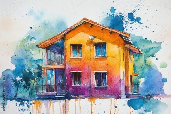 Fototapeta Watercolor Dream Home: A vibrant watercolor illustration of a charming house, rendered with rich hues and artistic flair, creating a sense of warmth and aspiration.