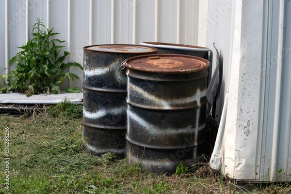 Obraz Old rusty steel barrels on the side of a building
