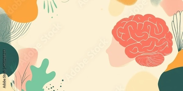 Fototapeta Brain Silhouette: A graphic representation of a human brain is set against a gentle pastel background, invoking themes of intelligence, mental health, and cognitive functions. 