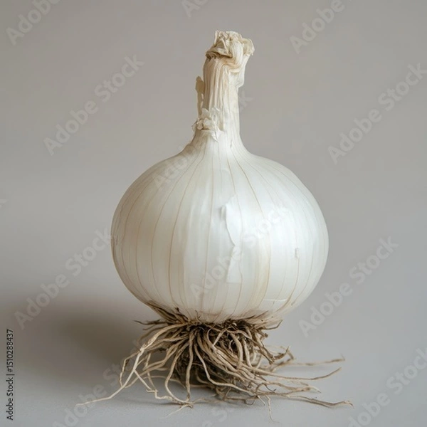 Fototapeta Garlic Bulb: A close-up shot showcases a fresh, organic garlic bulb, displaying its pristine white papery skin and intricate root system, a testament to natural freshness and culinary potential.